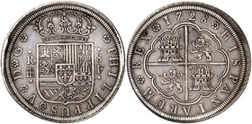 1728. Felipe V. Segovia. F. 8 reales. (Cal. 915). 26,61 g. Flan grande. Buen ejemplar. Rara. MBC+.