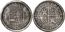 1729. Felipe V. Segovia. F. 8 reales. (Cal. 916). 26,77 g. Atractiva. Muy rara, sólo hemos tenido 1 ejemplar. MBC+.