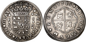 1718. Felipe V. Sevilla. M. 8 reales. (Cal. 936). 22,59 g. Armas de Borgoña con tres flores de lis. Sin florón después de GRAT. Escasa. MBC+/MBC.