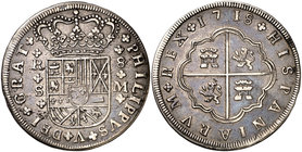 1718. Felipe V. Sevilla. M. 8 reales. (Cal. 937). 23,62 g. Armas de Borgoña y Austria intercambiadas. Hojitas. Buen ejemplar. Rara. (MBC+).