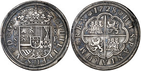 1728. Felipe V. Sevilla. P. 8 reales. (Cal. 938). 26,06 g. Flan grande. Leves golpecitos y hojita. Pátina oscura. Rara. MBC+/MBC.