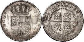 1729. Felipe V. Sevilla. 8 reales. (Cal. 940). 26,91 g. Sin indicación de valor ni ensayador. Pequeña zona de plata agria. Rayas. Bonita pátina. Rara,...