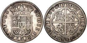 1730. Felipe V. Sevilla. 8 reales. (Cal. 941). 26,43 g. Sin indicación de valor ni ensayador. Rara. MBC-.