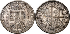 1731. Felipe V. Sevilla. PA. 8 reales. (Cal. 943). 26,25 g. Ensayadores verticales. Golpecitos. Bonita pátina. Rara. MBC+.