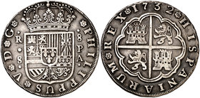 1732. Felipe V. Sevilla. PA. 8 reales. (Cal. 944 var). 26,88 g. Buen ejemplar. Rara, sólo hemos tenido 10 ejemplares. MBC+.