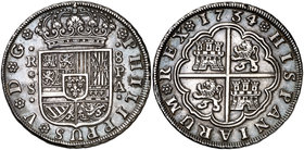 1734. Felipe V. Sevilla. PA. 8 reales. (Cal. 946). 26,81 g. Preciosa pátina azulada. Ex Áureo 03/03/2004, nº 1498. Rara, sólo hemos tenido 9 ejemplare...