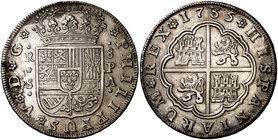 1735. Felipe V. Sevilla. PA. 8 reales. (Cal. 947). 26,79 g. Mínimas oxidaciones. Buen ejemplar. Rara. (MBC+).