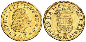 1746. Felipe V. Madrid. AJ. 1/2 escudo. (Cal. 577). 1,75 g. Rara. MBC/MBC+.
