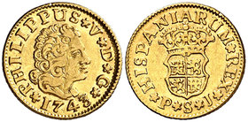 1743/2. Felipe V. Sevilla. PJ. 1/2 escudo. (Cal. 583). 1,77 g. Precioso color. MBC+/EBC-.