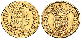 1743. Felipe V. Sevilla. PJ. 1/2 escudo. (Cal. 584). 1,76 g. MBC/MBC+.