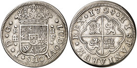 1724. Luis I. Segovia. F. 2 reales. (Cal. 41). 5,39 g. Flores grandes en reverso. MBC/MBC-.