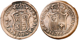 1755. Fernando VI. Barcelona. 1 ardit. (Cal. 700). 2,18 g. Rayita. MBC-.