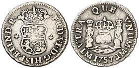 1757. Fernando VI. Lima. JM. 1/2 real. (Cal. 643). 1,59 g. Columnario. Sin punto sobre la marca de ceca. Rayitas. Escasa. BC+.