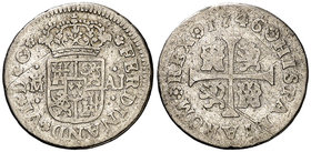 1746. Fernando VI. Madrid. AJ. 1/2 real. (Cal. 647). 1,35 g. Único año de este ensayador. Rayitas. Escasa. BC.