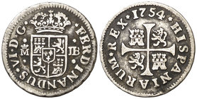 1754. Fernando VI. Madrid. JB. 1/2 real. (Cal. 654). 1,46 g. MBC-.