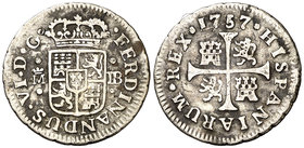 1757. Fernando VI. Madrid. JB. 1/2 real. (Cal. 657). 1,28 g. Manchitas. (MBC-).