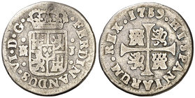1759. Fernando VI. Madrid. J. 1/2 real. (Cal. 659). 1,29 g. Escasa. BC.