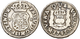 1747. Fernando VI. México. M. 1/2 real. (Cal. 660). 1,61 g. Columnario. Ex Áureo 21/05/1997, nº 448. MBC-/BC+.