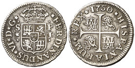 1750. Fernando VI. Sevilla. PJ. 1/2 real. (Cal. 694). 1,45 g. Sombras. Escasa así. MBC+.