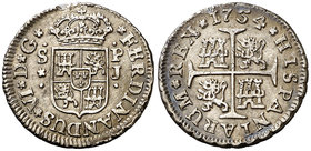 1754. Fernando VI. Sevilla. PJ. 1/2 real. (Cal. 697). 1,43 g. Dos golpecitos. Buen ejemplar. Escasa. MBC+.