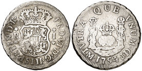 1754. Fernando VI. Lima. JD. 1 real. (Cal. 548). 3,25 g. Columnario. Sin punto sobre la marca de ceca. Escasa. BC+/BC.