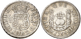 1755. Fernando VI. Lima. JD. 1 real. (Cal. 549). 3,35 g. Columnario. Punto sobre la marca de ceca. Escasa. MBC/MBC-.