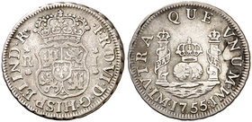 1755. Fernando VI. Lima. JM. 1 real. (Cal. 550). 3,27 g. Columnario. Punto sobre la marca de ceca. Ex Áureo 21/05/1997, nº 477. Escasa. MBC-.
