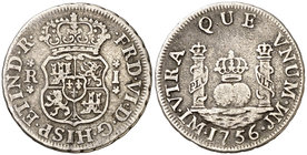 1756. Fernando VI. Lima. JM. 1 real. (Cal. 551). 3,23 g. Columnario. Sin punto encima de la marca de ceca. Rayita. Escasa. MBC-/BC+.