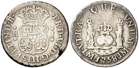 1758. Fernando VI. Lima. JM. 1 real. (Cal. 553). 3,18 g. Columnario. Sin punto encima de la marca de ceca. Corona imperial y real. Rayitas y grieta. E...