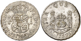 1759. Fernando VI. Lima. JM. 1 real. (Cal. 554). 3,30 g. Columnario. Sin punto sobre la marca de ceca. Escasa. MBC.