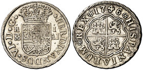 1746. Fernando VI. Madrid. AJ. 1 real. (Cal. 556). 2,78 g. Rayitas. Rara. MBC-.