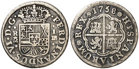 1758. Fernando VI. Madrid. JB. 1 real. (Cal. 570). 2,59 g. Rayitas. MBC-/BC+.