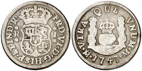 1747. Fernando VI. México. M. 1 real. (Cal. 572). 3 g. Columnario. Escasa. BC.