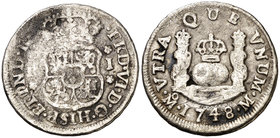 1748. Fernando VI. México. M. 1 real. (Cal. 573). 3,01 g. Columnario. Oxidaciones. BC.