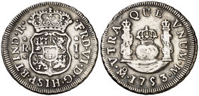 1753. Fernando VI. México. M. 1 real. (Cal. 578). 3,24 g. Columnario. Limpiada. MBC-.