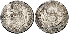 1757. Fernando VI. México. M. 1 real. (Cal. 584). 3,37 g. Columnario. Dos coronas reales. Escasa. BC+.