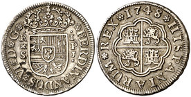 1748. Fernando VI. Sevilla. PJ. 1 real. (Cal. 608). 2,92 g. Leves manchitas. Buen ejemplar. Ex Áureo 01/07/2004, nº 308. Rara y más así. MBC+.