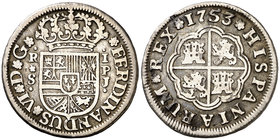 1753. Fernando VI. Sevilla. PJ. 1 real. (Cal. 611). 2,73 g. MBC/MBC-.