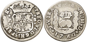 1760. Fernando VI. Guatemala. P. 2 reales. (Cal. 466). 6,10 g. Columnario. Acuñación póstuma. Ex Áureo 21/05/1997, nº 533. Rara. BC+/BC.