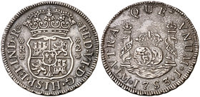1753. Fernando VI. Lima. J. 2 reales. (Cal. 473). 6,48 g. Columnario. Punto sobre la marca de ceca. Oxidaciones. Ex Colección de 2 reales y 2 escudos,...