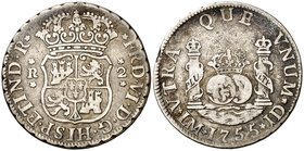 1755. Fernando VI. Lima. JD. 2 reales. (Cal. 475). 6,51 g. Columnario. Punto sobre la marca de ceca. Defecto en el canto. Escasa. MBC-.