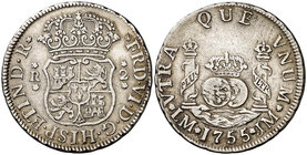 1755. Fernando VI. Lima. JM. 2 reales. (Cal. 476). 6,61 g. Columnario. Sin punto sobre la marca de ceca. Escasa. MBC-.