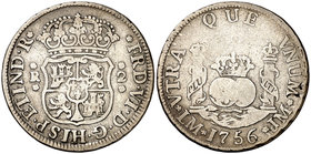 1756. Fernando VI. Lima. JM. 2 reales. (Cal. 477). 6,46 g. Columnario. Sin punto sobre la marca de ceca. Ex Áureo 21/05/1997, nº 538. Escasa. BC+/BC....