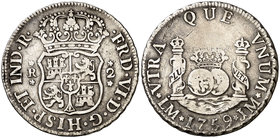 1759. Fernando VI. Lima. JM. 2 reales. (Cal. 480). 6,59 g. Columnario. Punto sobre la marca de ceca. Escasa. MBC-.