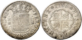 1759. Fernando VI. Madrid. JB. 2 reales. (Cal. 485). 5,46 g. Rayitas. Ex Áureo 21/05/1997, nº 547. BC+.