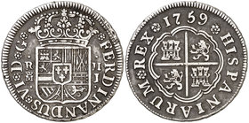 1759. Fernando VI. Madrid. J. 2 reales. (Cal. 486). 5,41 g. Pátina oscura. MBC.