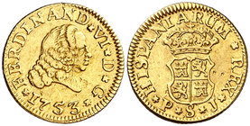 1753. Fernando VI. Sevilla. PJ. 1/2 escudo. (Cal. 266). 1,75 g. Mínimos golpecitos. Bonito color. MBC+.