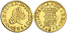 1754. Fernando VI. Sevilla. PJ. 1/2 escudo. (Cal. 267). 1,77 g. Atractiva. Parte de brillo original. Escasa. EBC-.