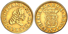 1755. Fernando VI. Sevilla. PJ. 1/2 escudo. (Cal. 268). 1,73 g. Estrellas en leyenda del anverso y florones en reverso. Bonito color. MBC+.
