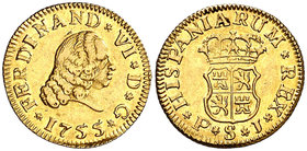 1755. Fernando VI. Sevilla. PJ. 1/2 escudo. (Cal. 268). 1,78 g. Florones en leyenda de anverso y reverso. Bella. Brillo original. EBC-/EBC.